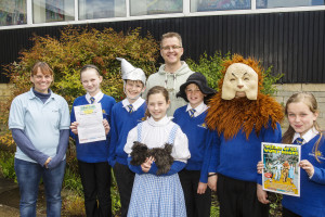 Susan Gatward from the Kumon Centre with David Gatward and Selwood School Pupils dressed as Wizard of Oz characters in preparation for the Guiness World Record Attempt 2014
