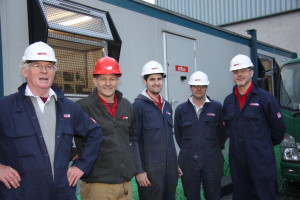 The Five Man Team  who put the shelter up: l-r, Anthony Battersby, Nick Stillwell, factory operatives Ryan Welch and Jolyon de Fossard and Mark Lloyd, general manager.